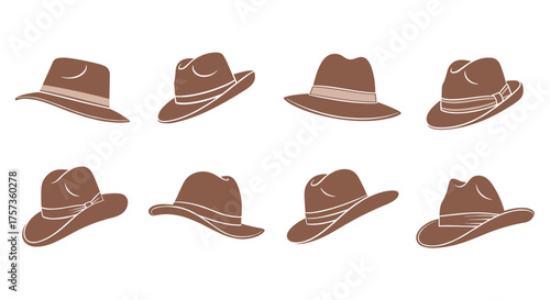 A collection of eight brown fedora hats arranged in two rows.