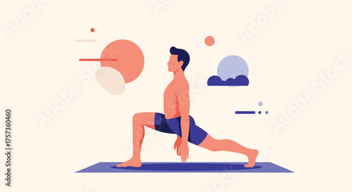 Man in a lunge pose on a yoga mat performing a stretching exercise.