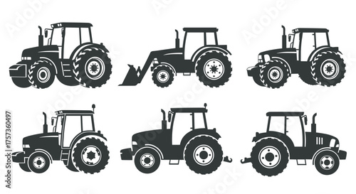 A collection of six different tractor illustrations in a silhouette style.