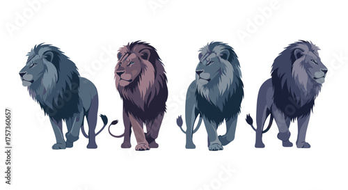 Four pixel art lions walking together majestically.