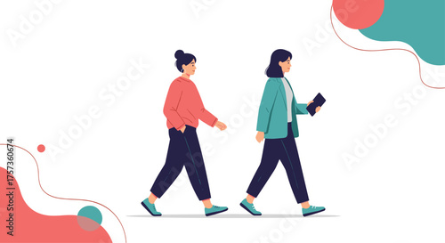 Two women walking side by side on a white background.