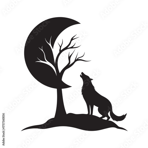 Lone Wolf Howling Beside Tree Night Silhouette