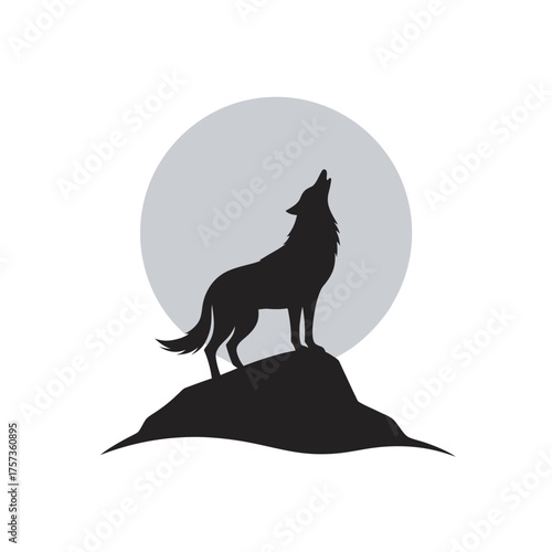 Wolf Howling On Hilltop Under Moon Silhouette
