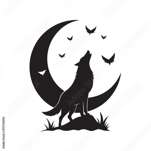 Wolf Howling With Flying Birds Around Silhouette