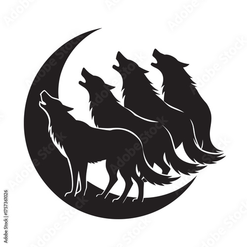 Wolf Pack Howling At Bright Moon Silhouette