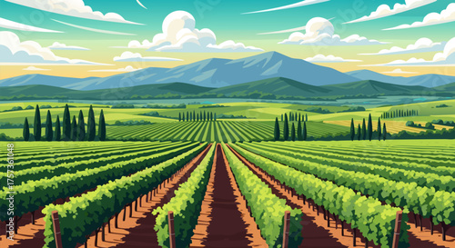 Vibrant vineyard landscape illustration with lush green grape rows stretching towards distant mountains under a bright sky