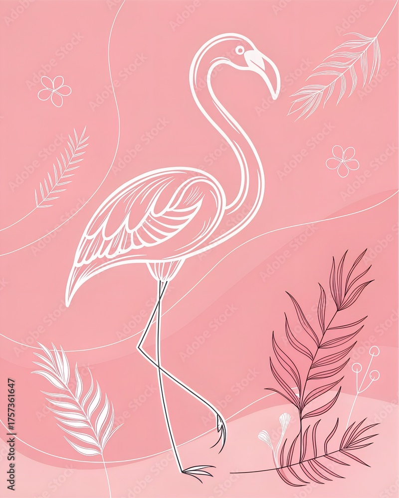 Naklejka premium A minimalist illustration of a flamingo on a pink background. The flamingo is outlined in white, surrounded by abstract leaves and floral elements.