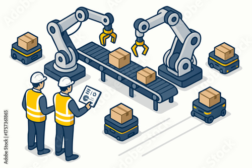 Robotic arms automate packaging on assembly line, workers monitor production for efficiency and growth