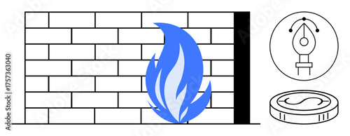 Blue flame near a brick wall with a coin and design tool. Ideal for security, defense, creativity, finance, innovation, safety, and resilience themes. Clean simple flat metaphor