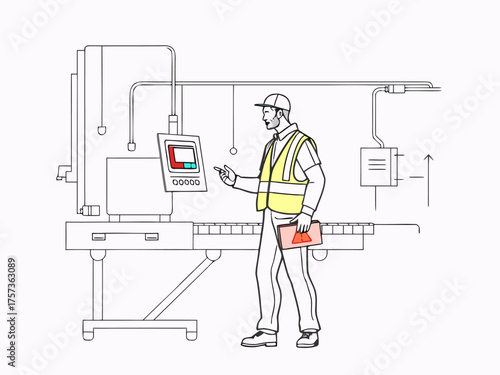 Professional technician inspecting advanced machinery controls in modern industrial setting with focus on precision and safety