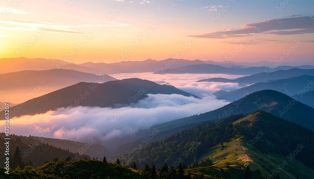 Fototapeta premium Moody landscape of majestic mountain ridges at sunrise, with a sea of clouds and fog rolling through the scenic valley