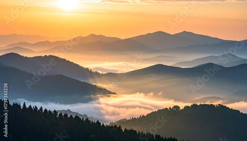 Scenic Mountain Range at Sunrise A Serene Landscape of Layers and Golden Light