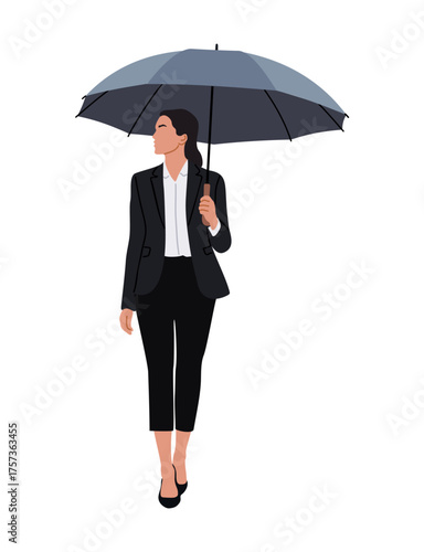 Flat vector of a professional woman in black blazer and pants holding a dark gray umbrella, minimalist side profile, clean modern corporate illustration on transparent background