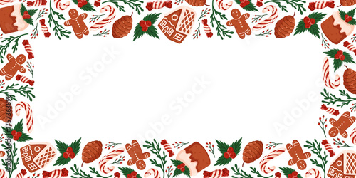 Christmas border frame with gingerbread man, house, candy cane, pinecone, holly cake and evergreen branch on white background with large empty center space.