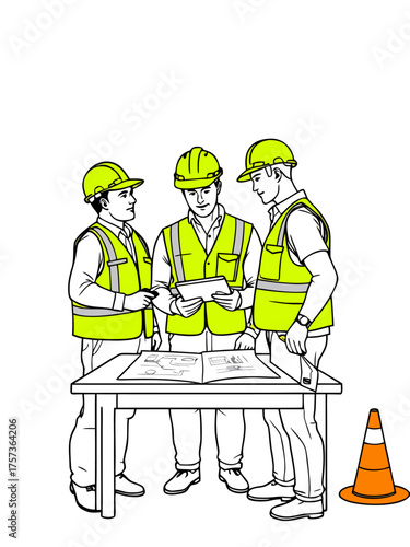 Construction team collaborates on blueprints at table, planning project with safety vests and helmets