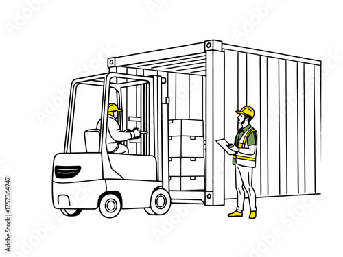 Logistics professional directs forklift loading cargo container, ensuring efficient supply chain operations