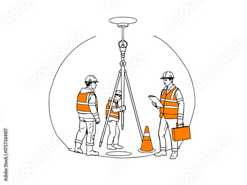 Professional surveyors in high visibility vests using advanced equipment for precise land measurement outdoors