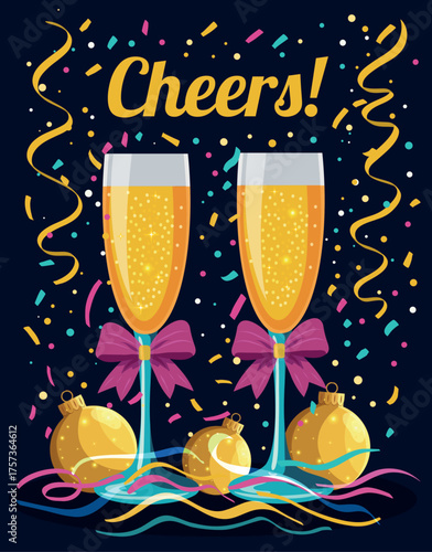 A vibrant Christmas vector illustration featuring champagne glasses decorated with bows, confit on a dark background. For Christmas and New Year's winter cards, holiday designs, social media posts