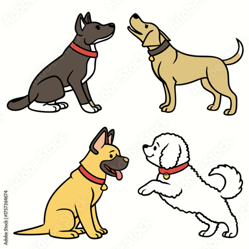 Four playful dogs of different breeds and colors interact happily together