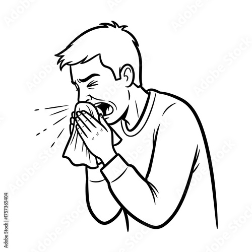 Black and white sketch of a Man sneezing into a tissue while feeling unwell at home  