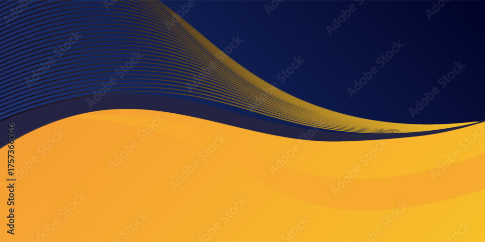 Obraz premium Abstract blue and yellow wave wide background banner curve element with line blue pettern space for text and message design, overlapping layers.eps 10