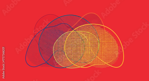 Abstract art with overlapping colorful, dotted ellipses on red