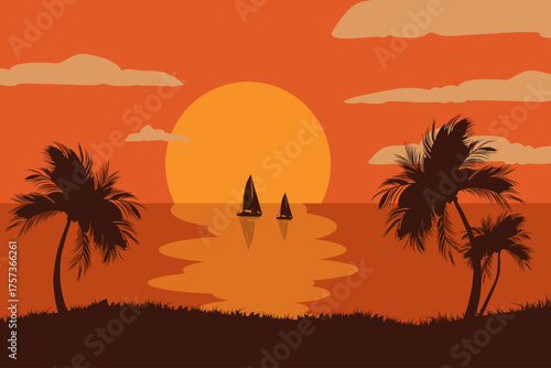 Sunset over the ocean with sailboats and palm trees silhouette, orange sky and nature