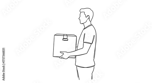 Man carrying a box while standing in a minimal outline style  