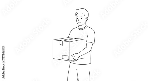 Man carrying a cardboard box in a simple line drawing style  