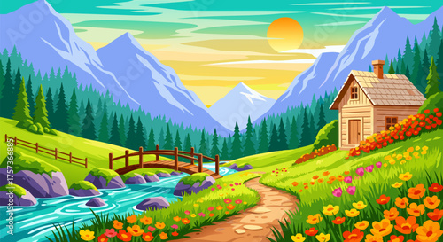 Vibrant vector art of an idyllic mountain landscape, featuring a cozy cabin by a flowing river, a charming bridge, and a colorful sunset