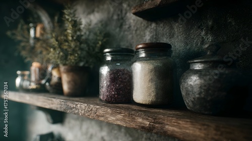 Fototapeta Naklejka Na Ścianę i Meble -  Rustic wooden shelf with jars of spices herbs and dried ingredients in a cozy dimly lit setting