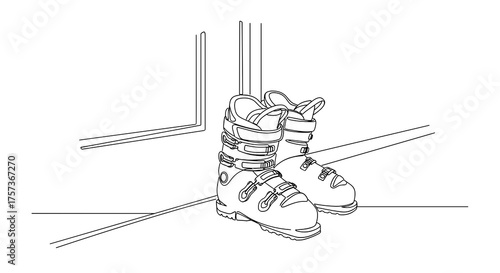 Ski boots placed by the door in simple line art style  