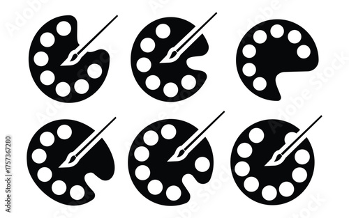 Artist palette and paint brush vector icons — creative painting tools clip art set isolated on white background