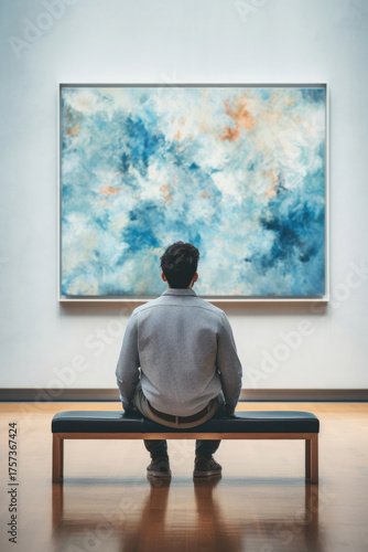 People viewing abstract paintings in modern art gallery exhibition