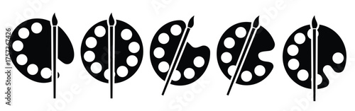 Artist palette and paint brush vector icons — creative painting tools clip art set isolated on white background