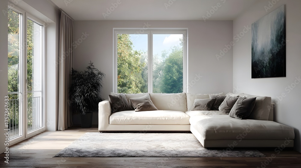 Fototapeta premium Bright minimalist living room with a sectional sofa large overlooking nature and abstract art