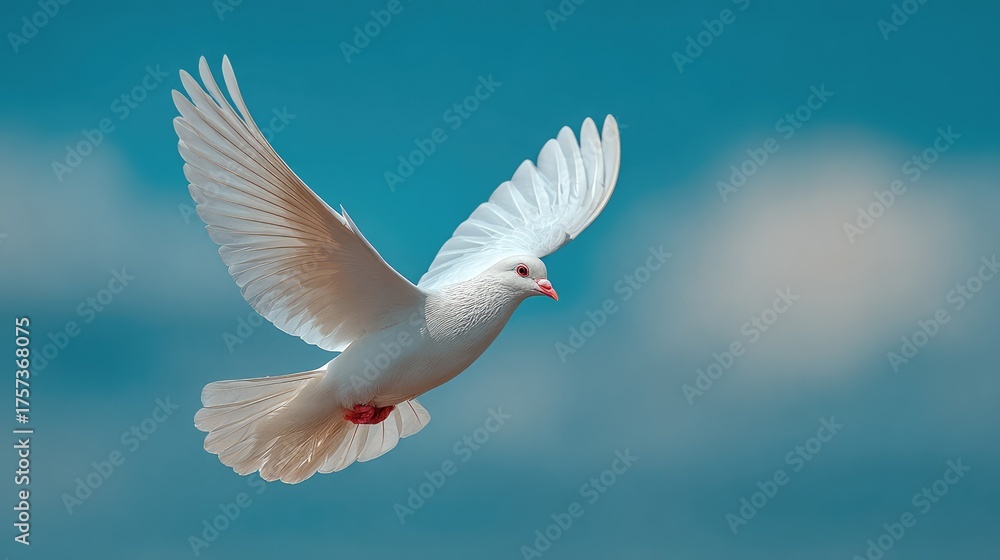 Obraz premium Majestic white dove soaring gracefully through a clear blue sky, symbolizing peace and freedom, with its wings fully extended, showcasing elegance and beauty in nature.