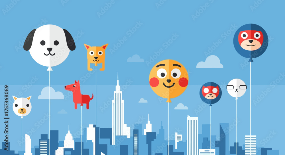 Obraz premium A vibrant flat design illustration capturing the iconic character balloons soaring above a simplified New York City skyline, symbolizing the festive spirit of the Thanksgiving Day Parade.