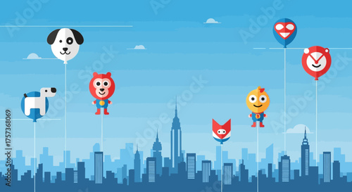 A vibrant flat design illustration capturing the iconic character balloons soaring above a simplified New York City skyline, symbolizing the festive spirit of the Thanksgiving Day Parade. 