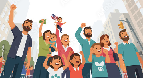 This flat design illustration depicts a joyful, diverse crowd of people gathered on a New York City street, eagerly watching the Thanksgiving Day Parade.