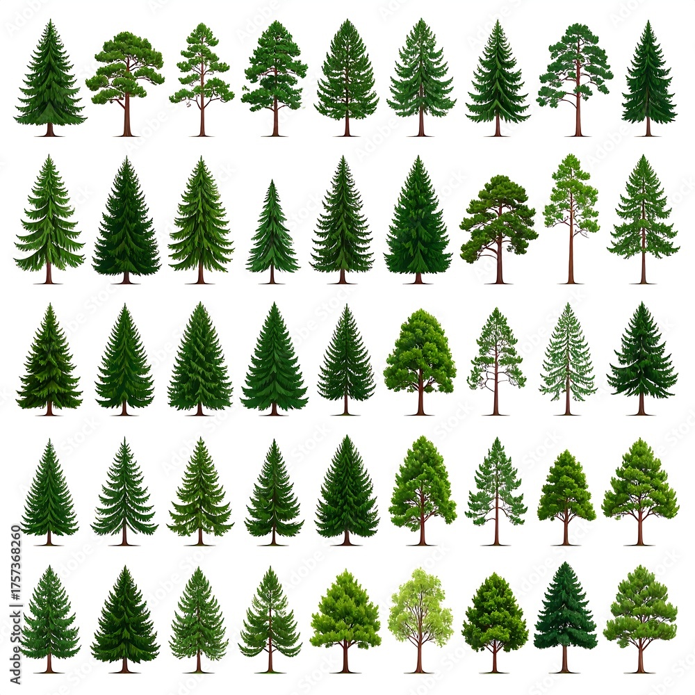 Obraz premium Collection of various evergreen trees isolated on a white background