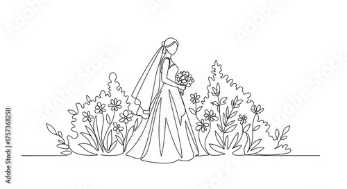 Bride holding bouquet while standing among flowers in garden  in a line art minimalist style   
