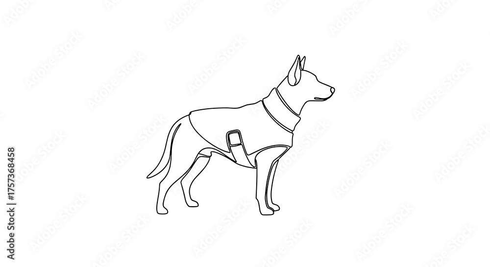 Fototapeta premium Dog wearing a harness in a simple outline illustration 