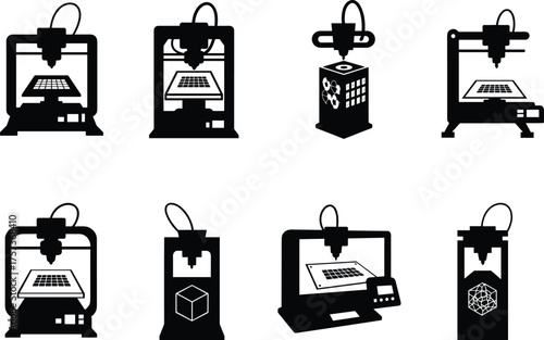 3D printer icons, additive manufacturing silhouettes, modern technology vector set, prototyping and design tools, digital fabrication machines, industrial printing illustration