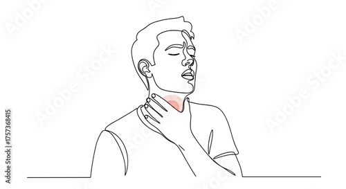 Man showing discomfort while holding throat in line art style  