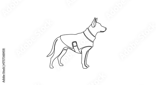 Dog wearing a harness in a simple outline illustration  
