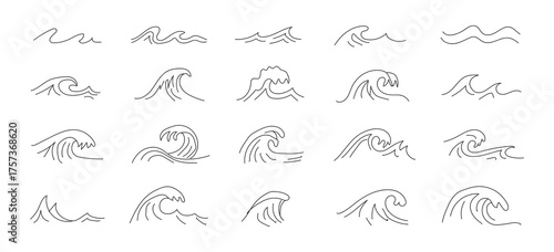 Collection of hand drawn abstract stylized ocean wave illustrations in black ink on white background