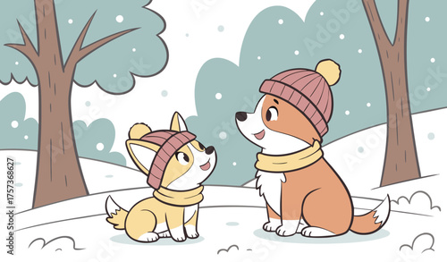 "Two adorable red Corgi dogs sitting side by side in a park on a snowy winter day, both wearing colorful knitted hats, snow falling heavily around them, joyful and heartwarming atmosphere, fresh white