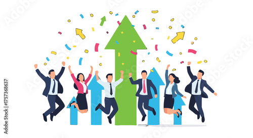 Group diverse business people jumping with joy in front rising green arrow graph, celebrating success and growth with confetti