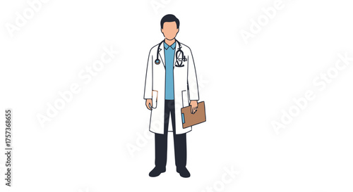 Male doctor wearing lab coat and stethoscope, holding clipboard, standing isolated on transparent, representing healthcare and medical professions